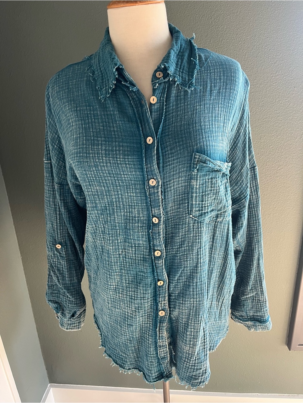 Zenana Outfitters Teal Greenwashed Button-Down Shirt